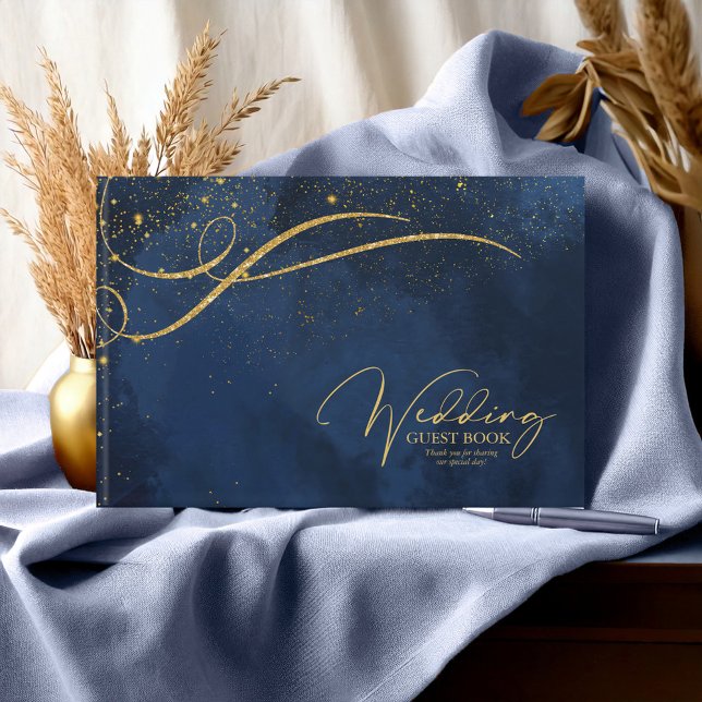 Fine Gold Lines Abstract Wedding Navy ID867 Guest Book (Creator Uploaded)