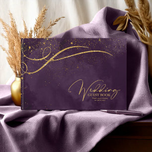 Fine Gold Lines Abstract Wedding Plum ID867 Guest Book