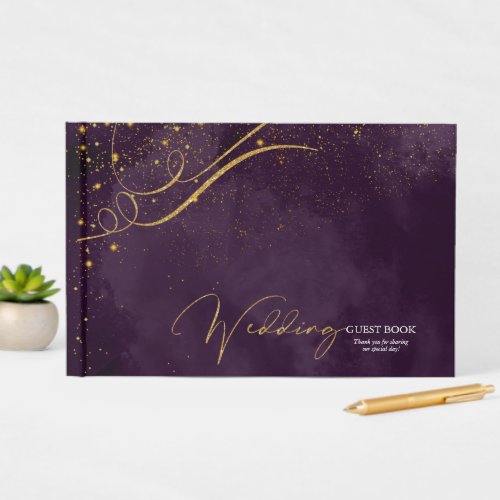 Fine Gold Lines Abstract Wedding Plum ID867 Guest Book