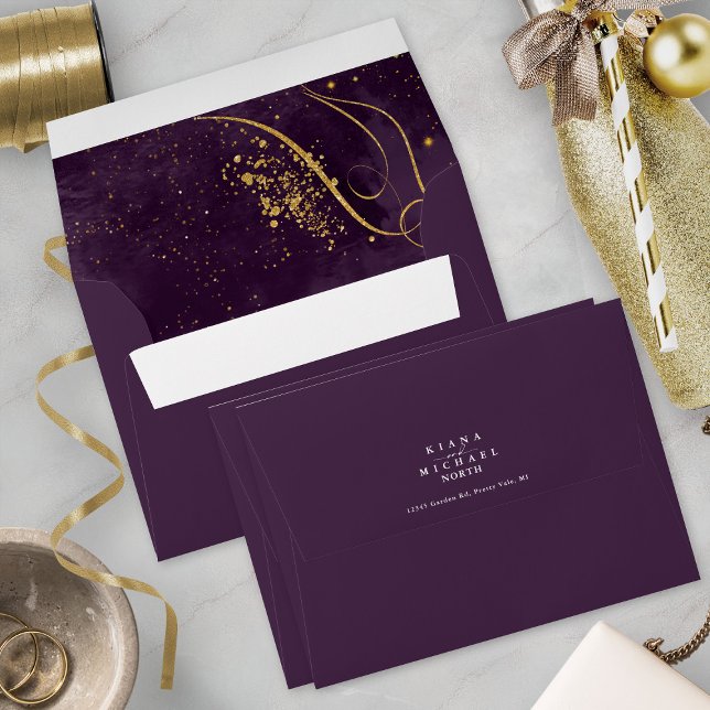 Fine Gold Lines Abstract Wedding V1 Plum ID867 Envelope (Interior/Back In Situ)
