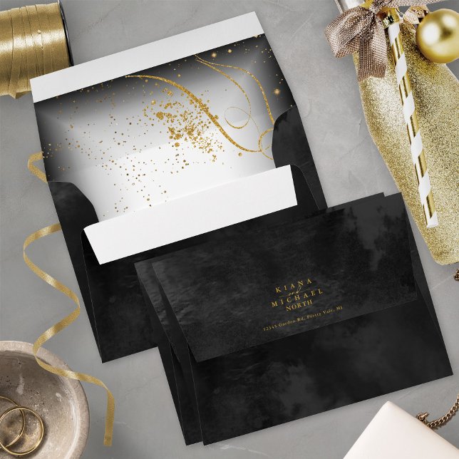 Fine Gold Lines Abstract Wedding V2 Black ID867 Envelope (Interior/Back In Situ)