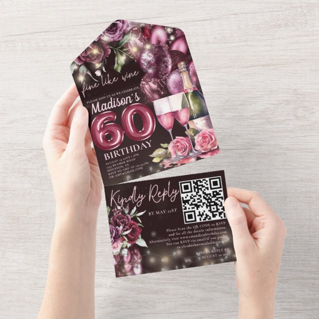 Fine Like Wine 60th Birthday Rsvp QR Code All In One Invitation (Tearaway)