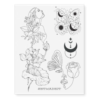 Fine Line Celestial & Floral Minimalist Body Art Temporary Tattoos