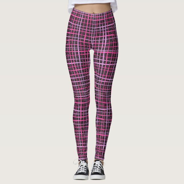 Fine lines Checkered pattern C09.pink on Black BG Leggings (Front)