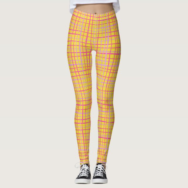 Fine lines Checkered pattern C09.pink on BYellow Leggings (Front)