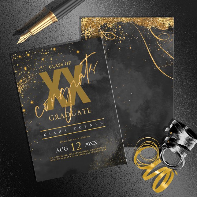 Fine Lines Gold Abstract Graduation Black ID867 Invitation (Creator Uploaded)