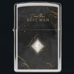 Fine Lines Gold Abstract Wedding Best Man Bl ID867 Zippo Lighter<br><div class="desc">A watercolor background in shades from charcoal gray to black is topped by an abstract of fine gold lines and glittering lighting effects to create the pieces of this beautiful wedding suite. The wedding gift Zippo lighter shown here also features a gradient, diamond-shaped frame to hold the bride and groom's...</div>