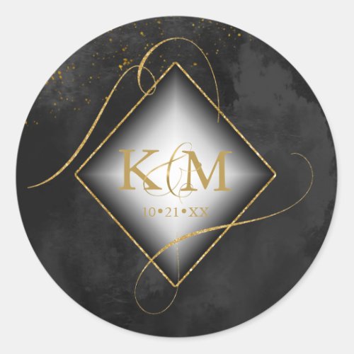 Fine Lines Gold Abstract Wedding Black ID867 Classic Round Sticker