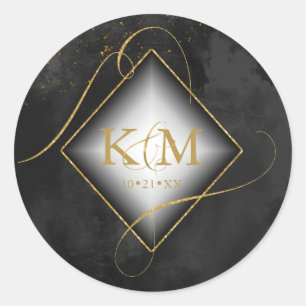 Fine Lines Gold Abstract Wedding Black ID867 Classic Round Sticker