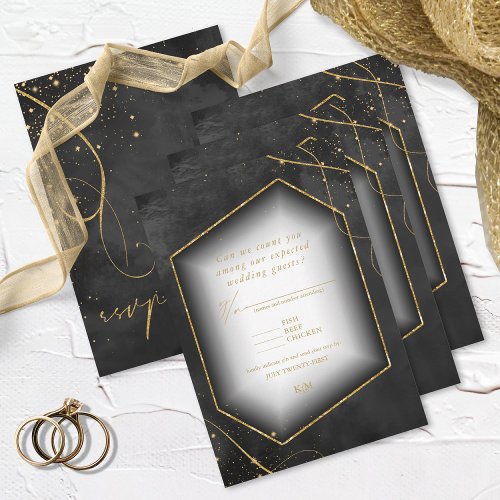 Fine Lines Gold Abstract Wedding Black ID867 RSVP Card
