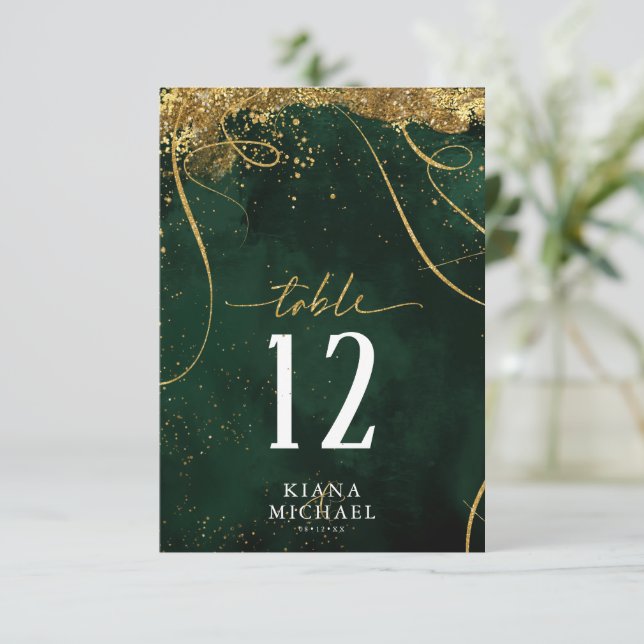 Fine Lines Gold Abstract Wedding Emerald ID867 Invitation (Standing Front)