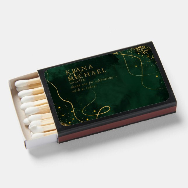 Fine Lines Gold Abstract Wedding Emerald ID867 Matchboxes (Front Open)