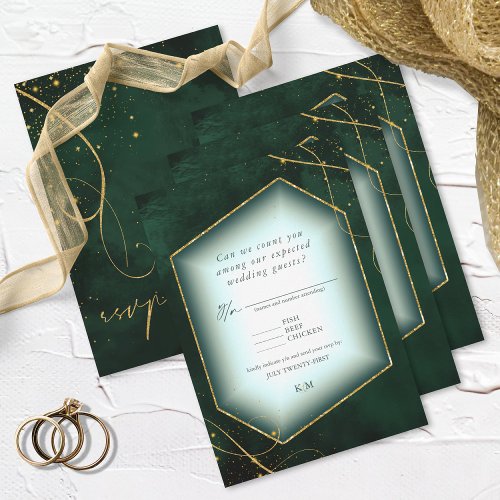 Fine Lines Gold Abstract Wedding Emerald ID867 RSVP Card