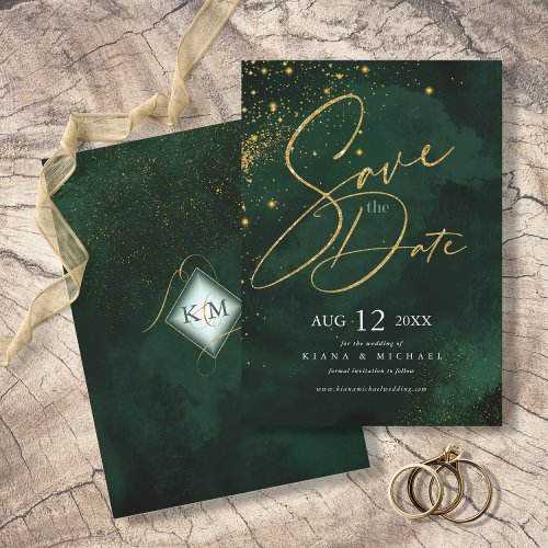 Fine Lines Gold Abstract Wedding Emerald ID867 Save The Date