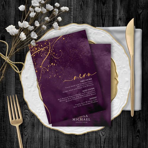 Fine Lines Gold Abstract Wedding Menu 1 Plum ID867