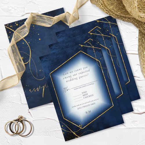 Fine Lines Gold Abstract Wedding Navy ID867  RSVP Card