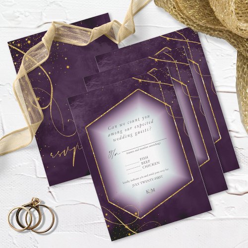 Fine Lines Gold Abstract Wedding Plum ID867 RSVP Card