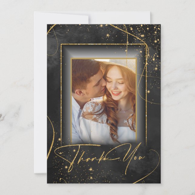 Fine Lines Gold Abstract Wedding Thanks Bk ID867  Thank You Card (Front)