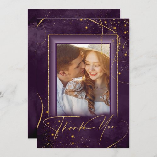 Fine Lines Gold Abstract Wedding Thanks Plum ID867 Thank You Card