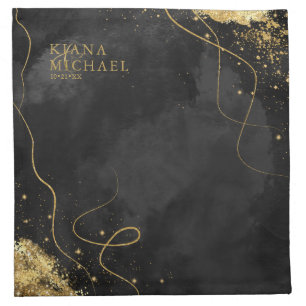 Fine Lines Gold Abstract Wedding V1 Black ID867 Cloth Napkin