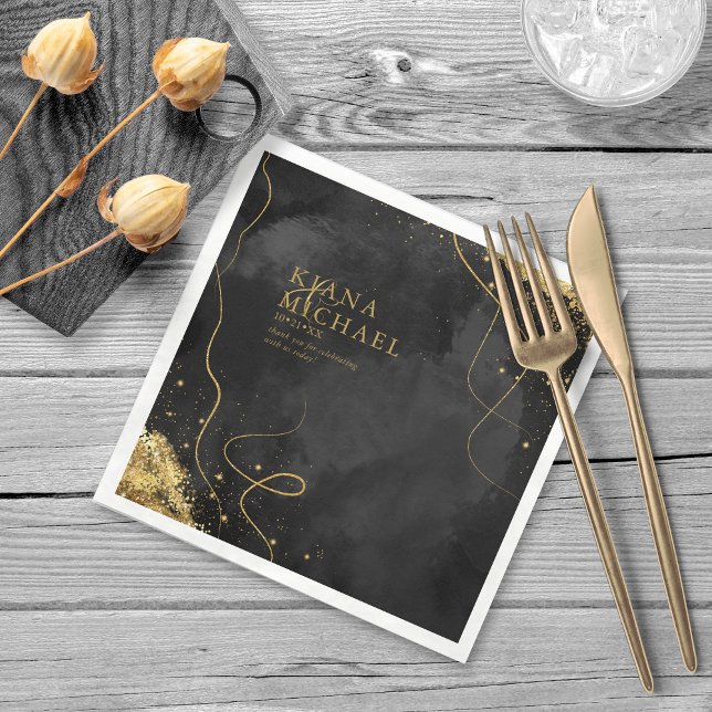 Fine Lines Gold Abstract Wedding V1 Black ID867 Napkins (Creator Uploaded)