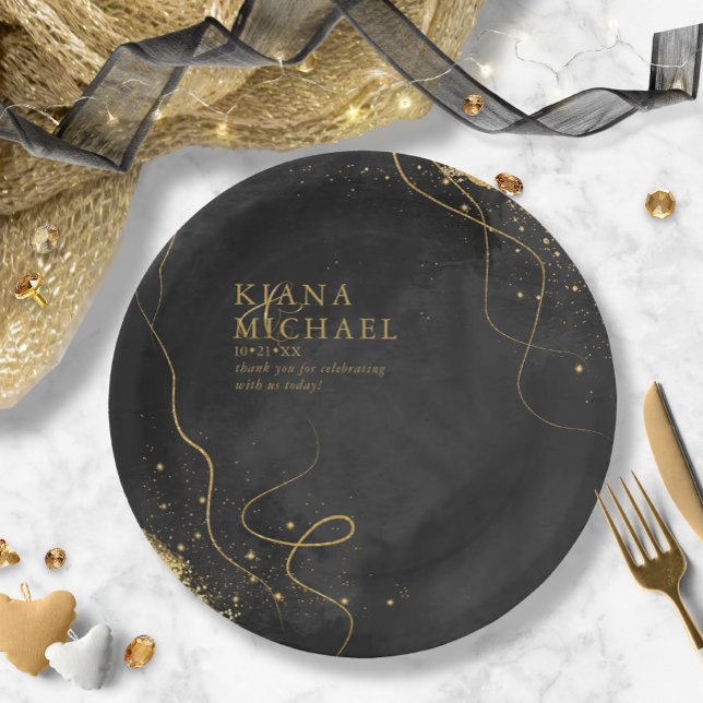 Fine Lines Gold Abstract Wedding V1 Black ID867 Paper Plates (Creator Uploaded)
