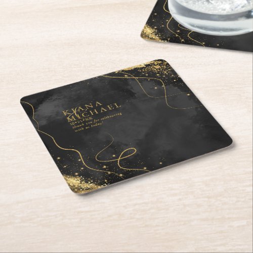Fine Lines Gold Abstract Wedding V1 Black ID867 Square Paper Coaster