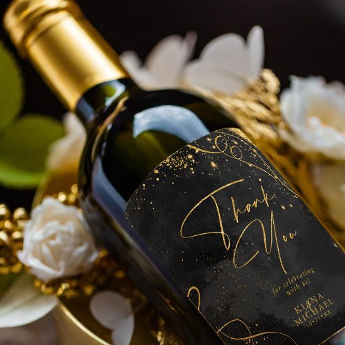 Fine Lines Gold Abstract Wedding V1 Black ID867  Wine Label