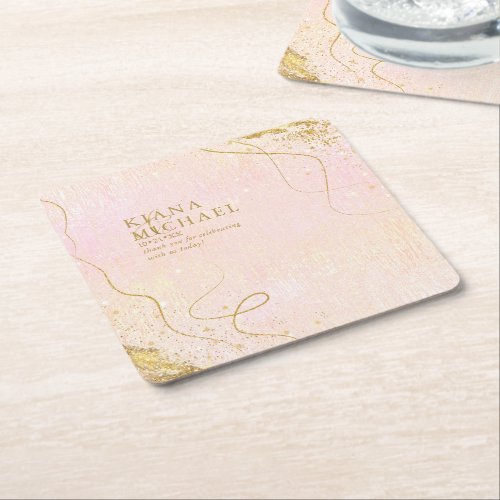 Fine Lines Gold Abstract Wedding V1 Blush ID867 Square Paper Coaster