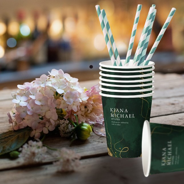 Fine Lines Gold Abstract Wedding V1 Emerald ID867 Paper Cups (Creator Uploaded)