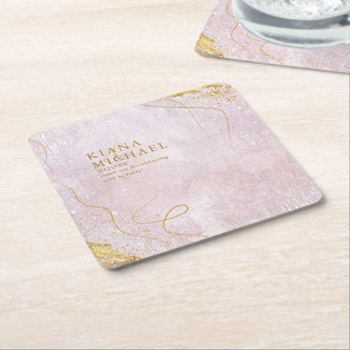 Fine Lines Gold Abstract Wedding V1 Mauve ID867 Square Paper Coaster