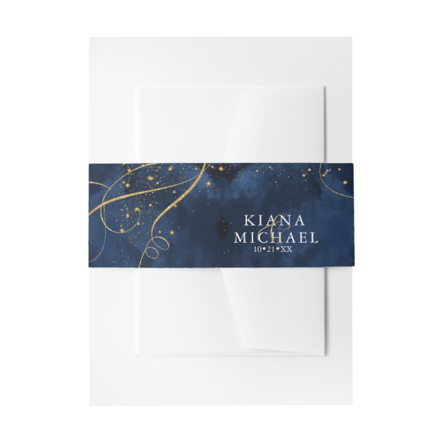 Fine Lines Gold Abstract Wedding V1 Navy ID867 Invitation Belly Band (Front Example)