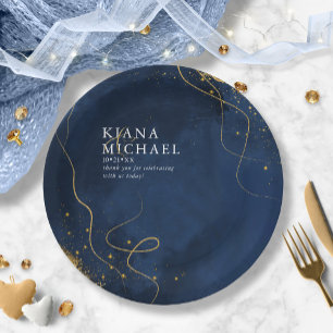 Fine Lines Gold Abstract Wedding V1 Navy ID867 Paper Plates