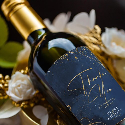 Fine Lines Gold Abstract Wedding V1 Navy ID867 Wine Label