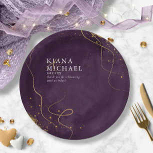 Fine Lines Gold Abstract Wedding V1 Plum ID867 Paper Plates