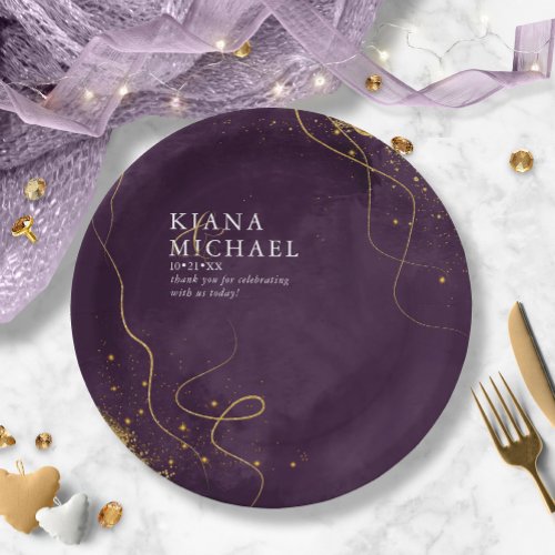 Fine Lines Gold Abstract Wedding V1 Plum ID867 Paper Plates