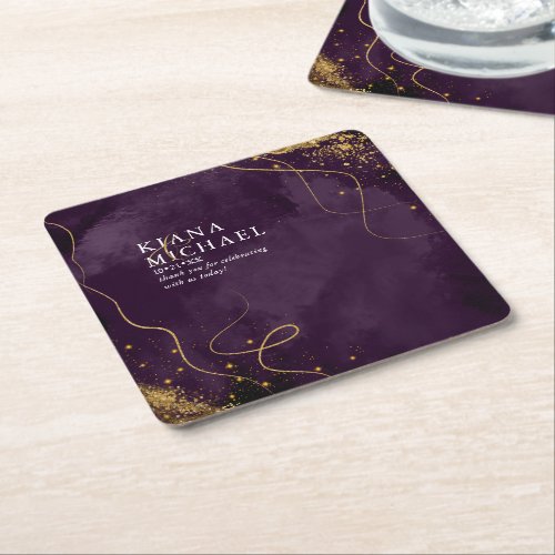Fine Lines Gold Abstract Wedding V1 Plum ID867 Square Paper Coaster