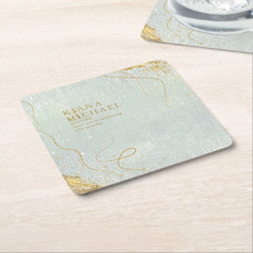 Fine Lines Gold Abstract Wedding V1 Sage ID867 Square Paper Coaster