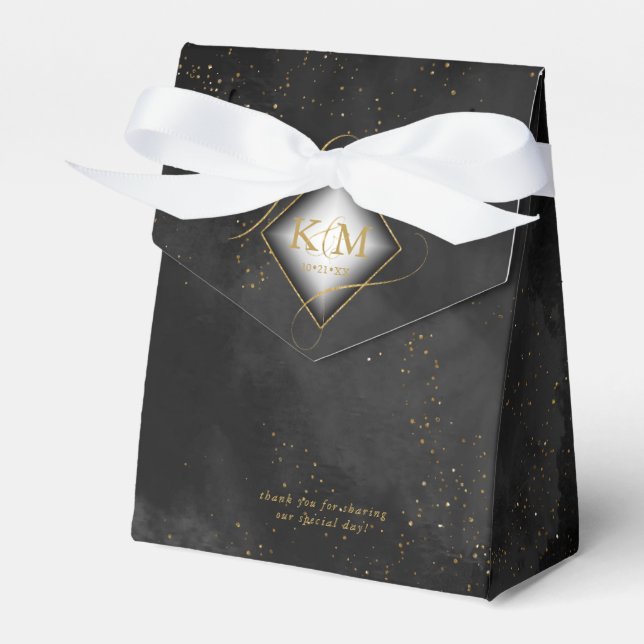 Fine Lines Gold Abstract Wedding V2 Black ID867 Favor Boxes (Front Side)