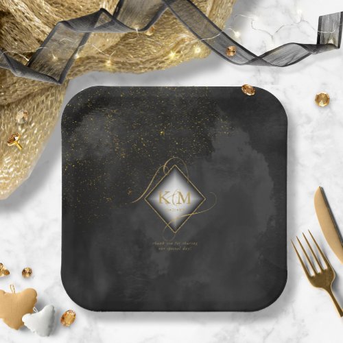 Fine Lines Gold Abstract Wedding V2 Black ID867 Paper Plates