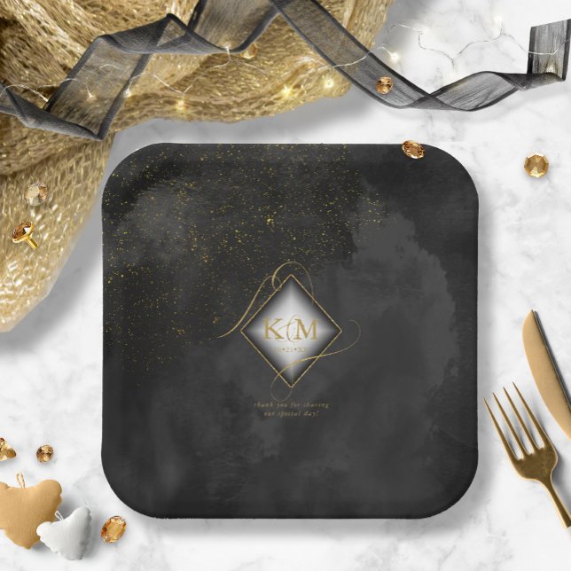 Fine Lines Gold Abstract Wedding V2 Black ID867 Paper Plates (Creator Uploaded)