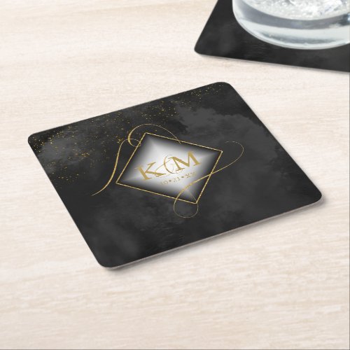 Fine Lines Gold Abstract Wedding V2 Black ID867 Square Paper Coaster