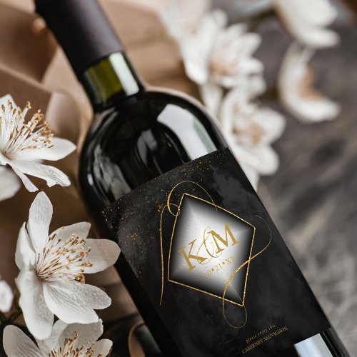 Fine Lines Gold Abstract Wedding V2 Black ID867  Wine Label