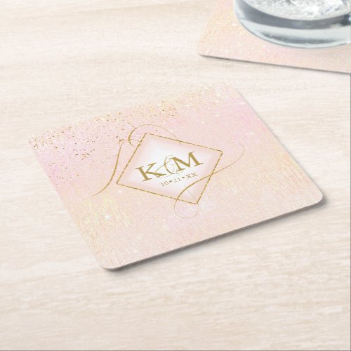 Fine Lines Gold Abstract Wedding V2 Blush ID867 Square Paper Coaster