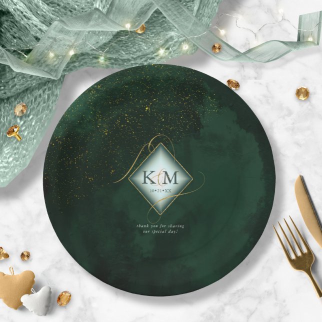 Fine Lines Gold Abstract Wedding V2 Emerald ID867 Paper Plates (Creator Uploaded)