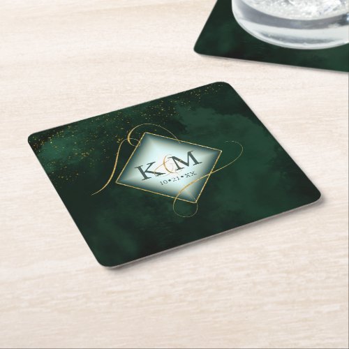 Fine Lines Gold Abstract Wedding V2 Emerald ID867 Square Paper Coaster