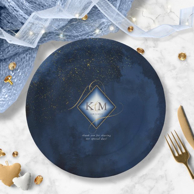 Fine Lines Gold Abstract Wedding V2 Navy ID867 Paper Plates (Creator Uploaded)