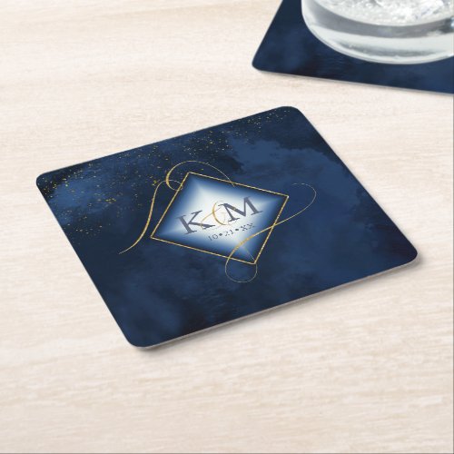 Fine Lines Gold Abstract Wedding V2 Navy ID867 Square Paper Coaster