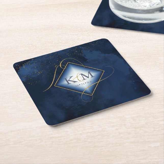 Fine Lines Gold Abstract Wedding V2 Navy ID867 Square Paper Coaster (Angled)
