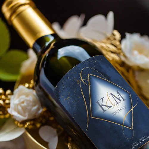 Fine Lines Gold Abstract Wedding V2 Navy ID867 Wine Label